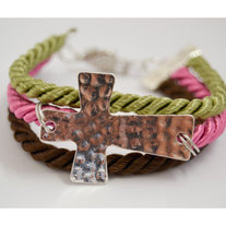 Sideway Hammered Cross Adjustable Bracelet (Brown, Pink, Olive)