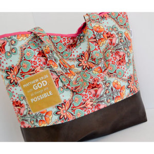 Scripture Tote Bag with Faux Leather Bottom