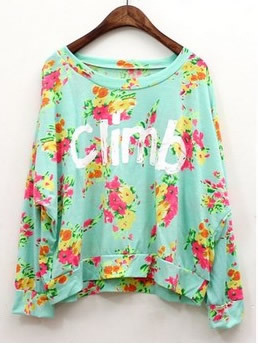 Blue Retro Floral Women Letter Printing Bat Wing Sleeves Cotton Short T-Shirts One Size A68-8638bl 