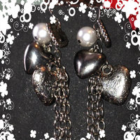 Dark silver toned heart and chain drop earrings - Thumbnail 2