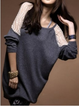 Grey Woolen Women Lace Mixed Bat Sleeve Slim T-shirt One Size FZ73466-27g 