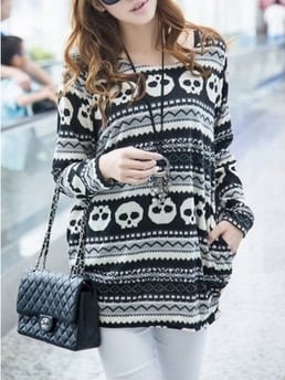 Black Knitting New Fashion Style Women Round Neck Long Sleeve Casual Loose Sweaters One Size FZ72567-18b 	