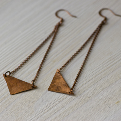 Copper triangles long earrings