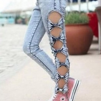 Fashion Bowknot Ladies Blue Jean Pants S/M/L @FZ60993bl  - Thumbnail 1