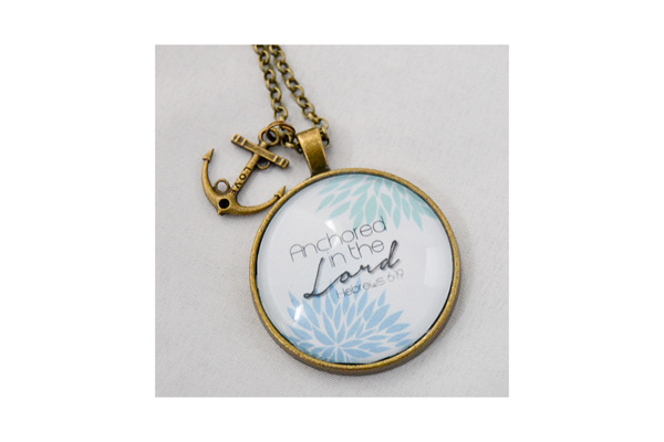 "Anchored in the Lord" Scripture Pendant Necklace (Blue)