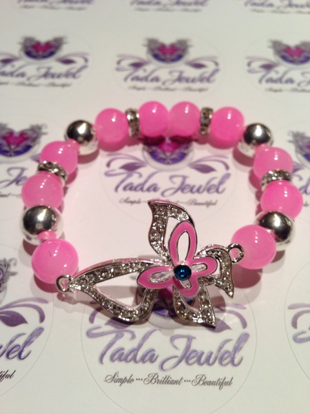 Pink 3D Butterfly Glass Beaded Bracelet 