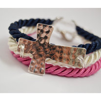 Sideway Hammered Cross Adjustable Bracelet (Pink, Cream, Navy)