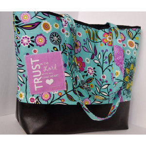 Scripture Tote Bag with Faux Leather Bottom