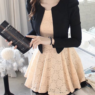 Black lace women fashion long sleeve short length dress one size fz74044-46 