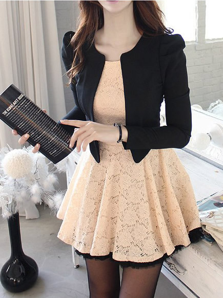 Black Lace Women Fashion Long Sleeve Short Length Dress One Size FZ74044-46 