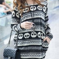 Black Knitting New Fashion Women Round Neck Long Sleeve Skull Head  Sweaters One Size FZ72567-18b  - Thumbnail 1