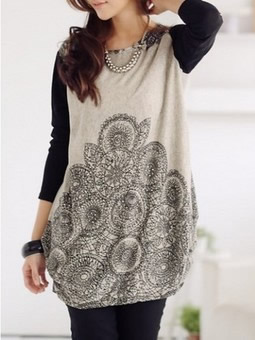 Grey Knitting Women Fashion Round Neck Long Sleeve Casual Loose Tops One Size FZ72562-27g 