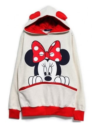 White Cotton Women Fashion Round Neck Long Sleeve Mickey Mouse Casual Loose Hoodies M/L FZ72268w 