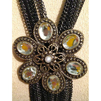Bold Multi-Chain Fall Necklace with Engraved Pearl and Rhinestone Flower Centerpiece* - Thumbnail 2