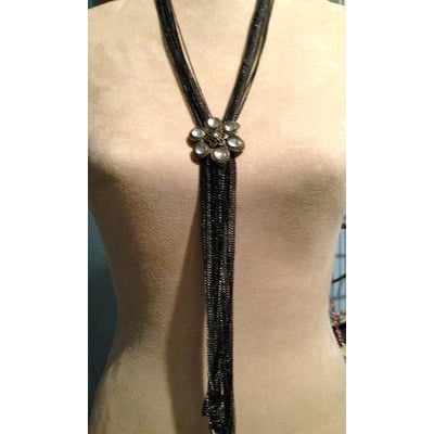 Bold multi-chain fall necklace with engraved pearl and rhinestone flower centerpiece*