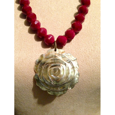 Mother of pearl rose bloom pendant on red bead and chain necklace