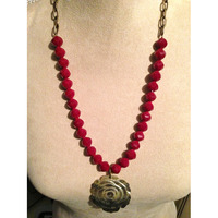 Mother of Pearl Rose Bloom Pendant on Red Bead and Chain Necklace - Thumbnail 1