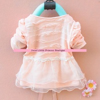 Pink cardigan with flowers, buttons, ribbon ties, lace trim and chiffon ruffles. Sizes 12/18m, 18/24m, and 3T - Thumbnail 1