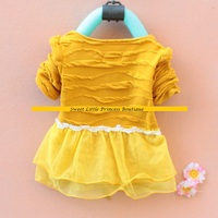 Mustard yellow cardigan with flowers, buttons, ribbon ties, lace trim and chiffon ruffles. Sizes 12/18m, 18/24m, and 3T - Thumbnail 1