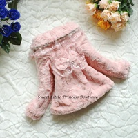 Pink Faux Fur Coat with Lace and Flowers - Thumbnail 1