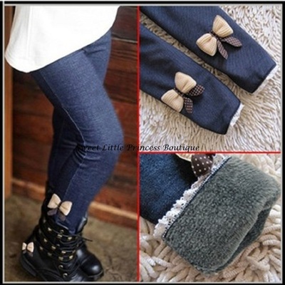 Children's jeans girls bow warm fleece skinny pants autumn winter wear - Thumbnail 2