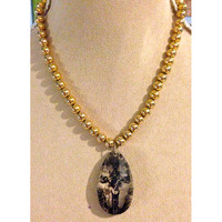 Yellow Gold Bead Necklace w/ Tear Drop Cross - Thumbnail 1