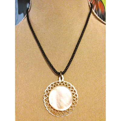 White Shell Pendant with Black/Gold Chain *