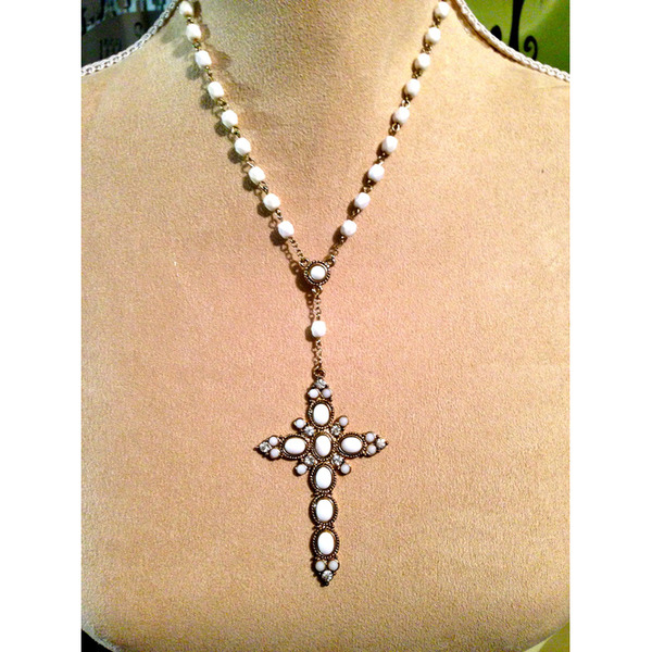 White Cross Pendant with Rosary Chain