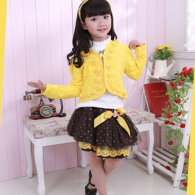 1 set 2013 new girl 3pcs clothing set knitted suit +lace shirt + bow tutu skirt children dress suits high quality - Thumbnail 4