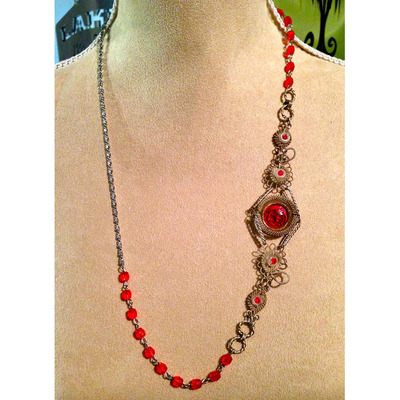 Red rosary beads and silver chain 