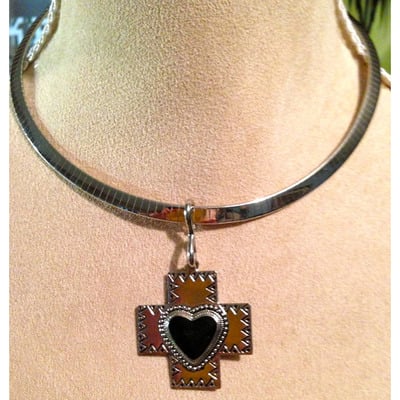 Cross with black stone heart pendant on choker chain
