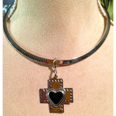 Cross with Black Stone Heart Pendant on Choker Chain