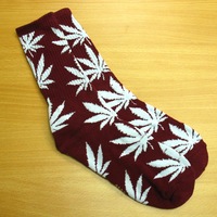 Harajuku Weed Marijuana Crew Socks Burgundy/White Color - Thumbnail 1