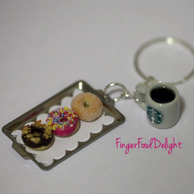 Kawaii Starbucks Coffee and Tray of Donuts Keychain