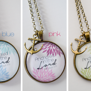 "Anchored in the Lord" Scripture Pendant Necklace (Blue)