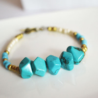 Tribal Bracelet, Turquoise Beaded Bracelet, Turquoise Jewelry, Gold and Blue Beads - Thumbnail 2