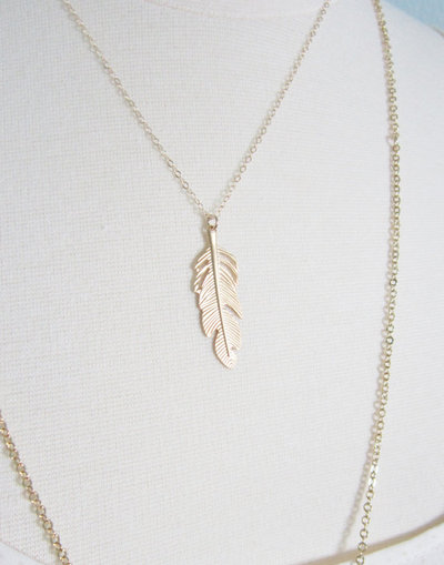 Golden feather necklace on gold filled chain 