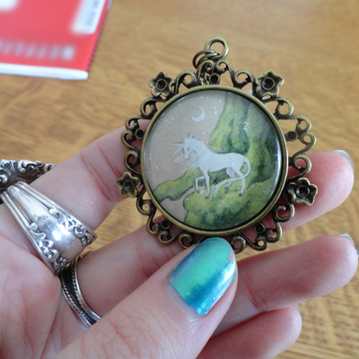 Ooak watercolor unicorn pendant "precipice"