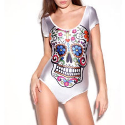 Digital print tight stretch one-piece swimsuit swimwear skull pattern