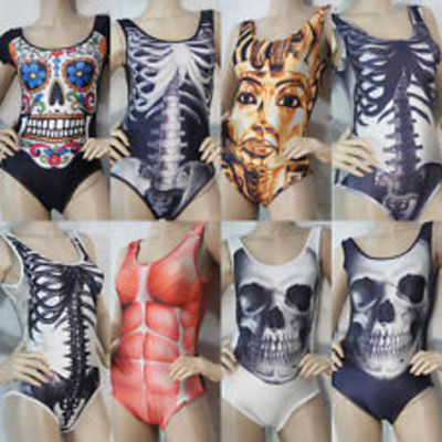 Fashion skeleton skulls muscle anatomy sugar skull bodysuit swimwear