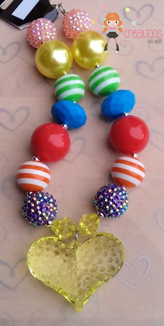 Yellow Heart Pendant Rainbow Chunky Necklace Perfect Photo Props/Bubblegum Beads/Girls Jewelry