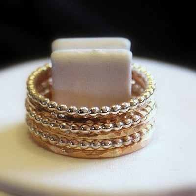 Hammered 6 band 14k gold fill  & beaded sterling silver stacking / stackable / stack rings