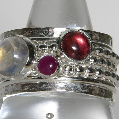 Pink tourmaline, ruby,  rainbow moonstone gemstone birthstone rings
