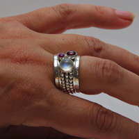 Pink Tourmaline, Ruby,  Rainbow Moonstone Gemstone Birthstone Rings - Thumbnail 1
