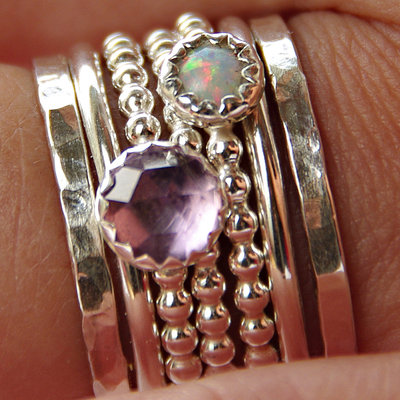 Opal & amethyst stackable birthstones mothers rings - personalized rings 