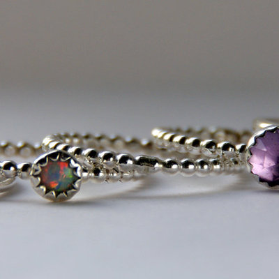 Opal & amethyst stackable birthstones mothers rings - personalized rings 
