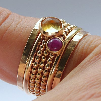 14k gf ruby & citrine stackable birthstones mothers rings - 