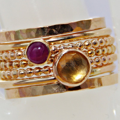 14k gf ruby & citrine stackable birthstones mothers rings - 