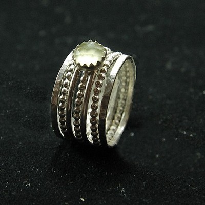 Rose cut prehnite  dark sterling silver stacking rings -  engagement ring - green gemstone ring
