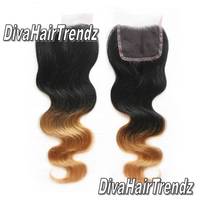14" Black to Honey Blonde Body Wave Ombre Top Hair Closure - Thumbnail 2